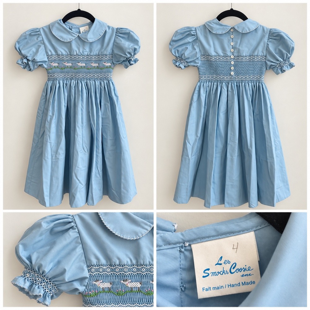 Les Smocks Coosie Smocked Dress Kids 4 Blue Cottagecore Sheep Embroidered Puff